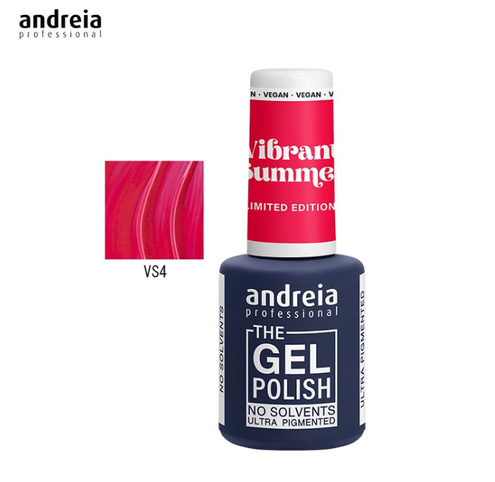 Frasco de verniz gel Andreia Professional azul escuro com tampa branca e inscrição Vibrant Summer, pequeno quadro vermelho com a cor VS4.