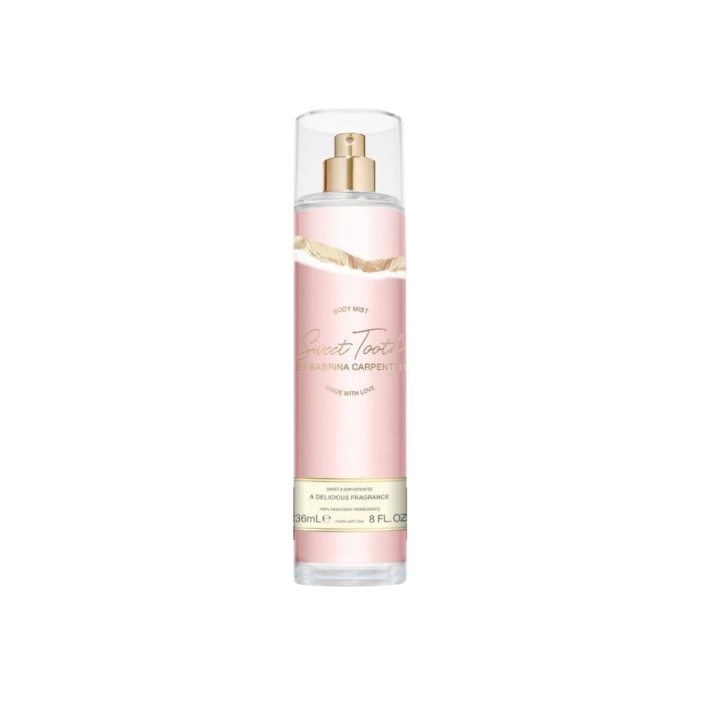 Frasco de body mist rosa claro com tampa transparente e spray dourado