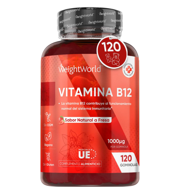 Frasco de Vitamina B12 WeightWorld vermelho com 120 gominolas sabor fresa