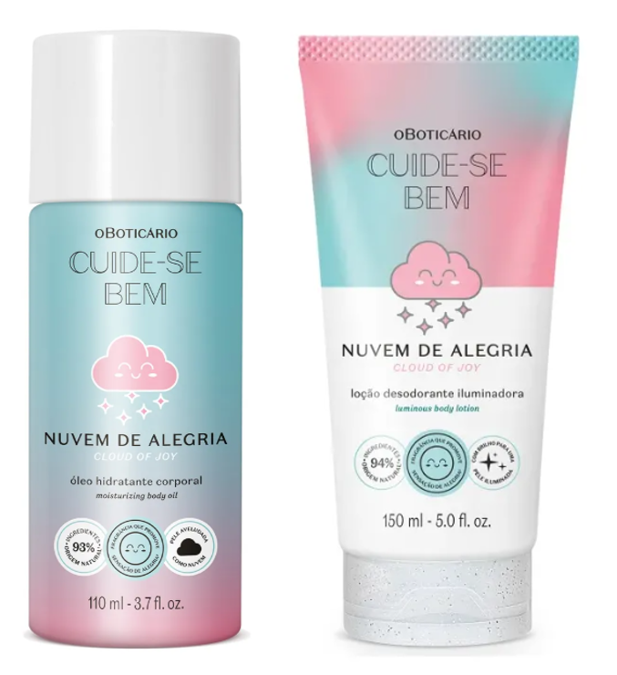 Embalagens coloridas azul, rosa e branca de óleo hidratante e loção desodorante da linha Cuide-se Bem Nuvem de Alegria