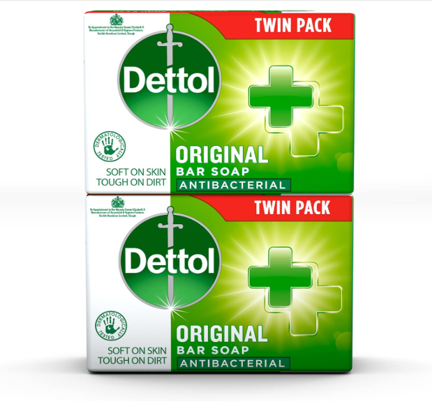 Embalagem dupla de sabonete em barra Dettol Original, verde e branca, com texto e símbolos de antibacteriano