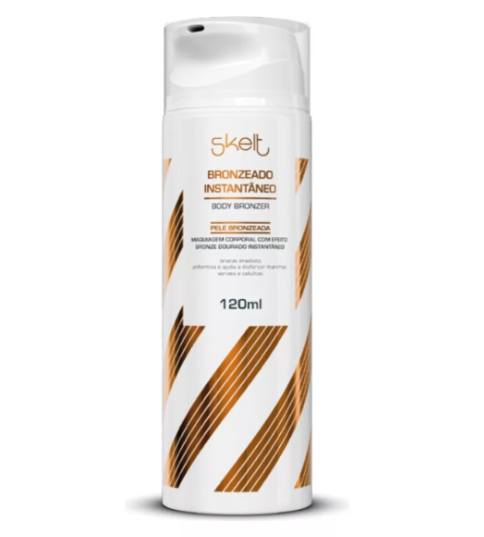 Frasco spray bronzeador corporal Skelt branco com detalhes castanhos