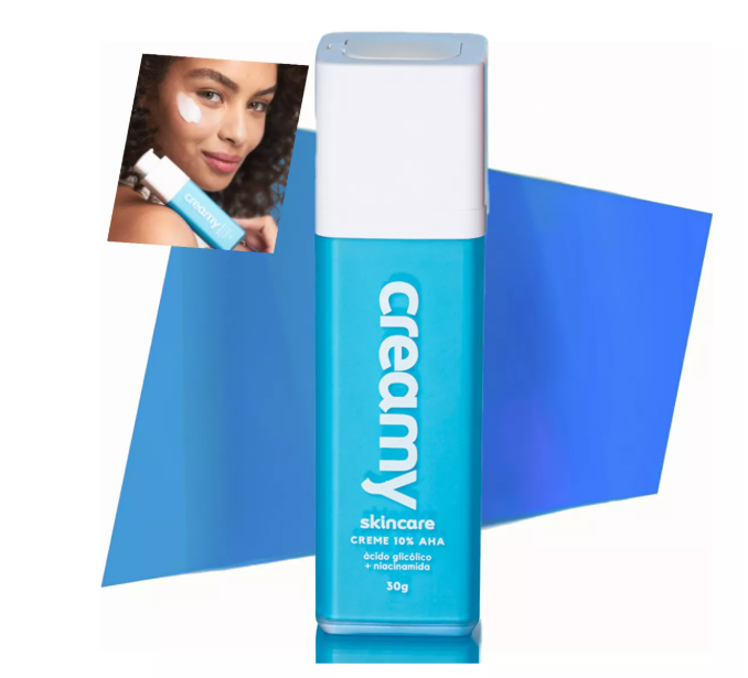 frasco azul de creme facial com tampa branca e rótulo branco com texto e foto de mulher aplicando creme