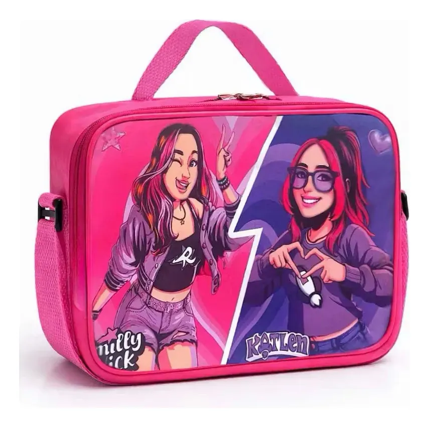 Mala rosa com ilustrações de raparigas e nomes Mally Pick e Katlen