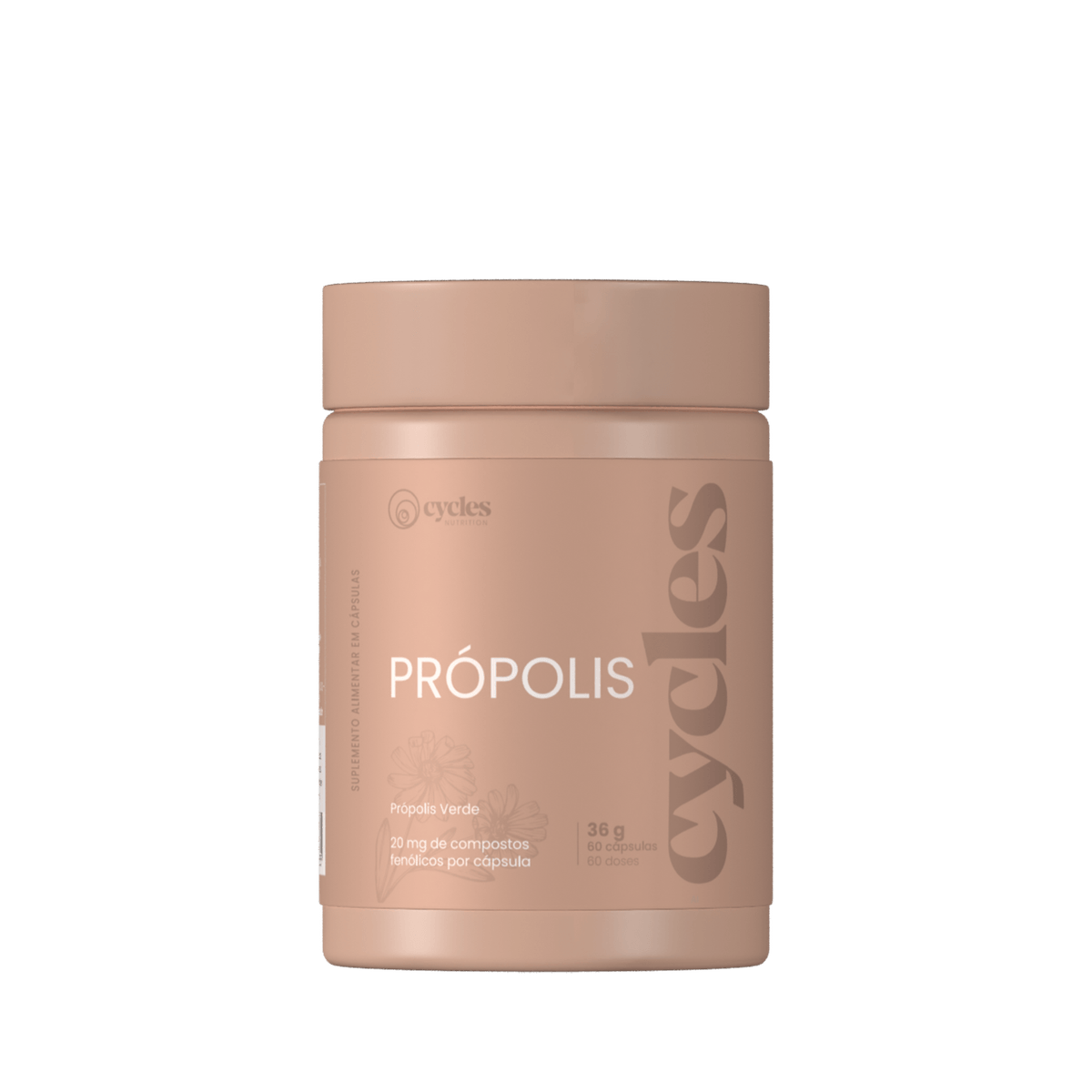 Frasco rosa bege de suplemento própolis da Cycles com texto branco e castanho