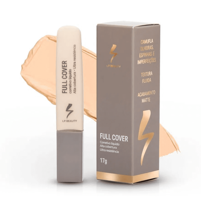 Corretivo líquido Full Cover da LP Beauty com embalagem cinza e dourada e amostra da cor