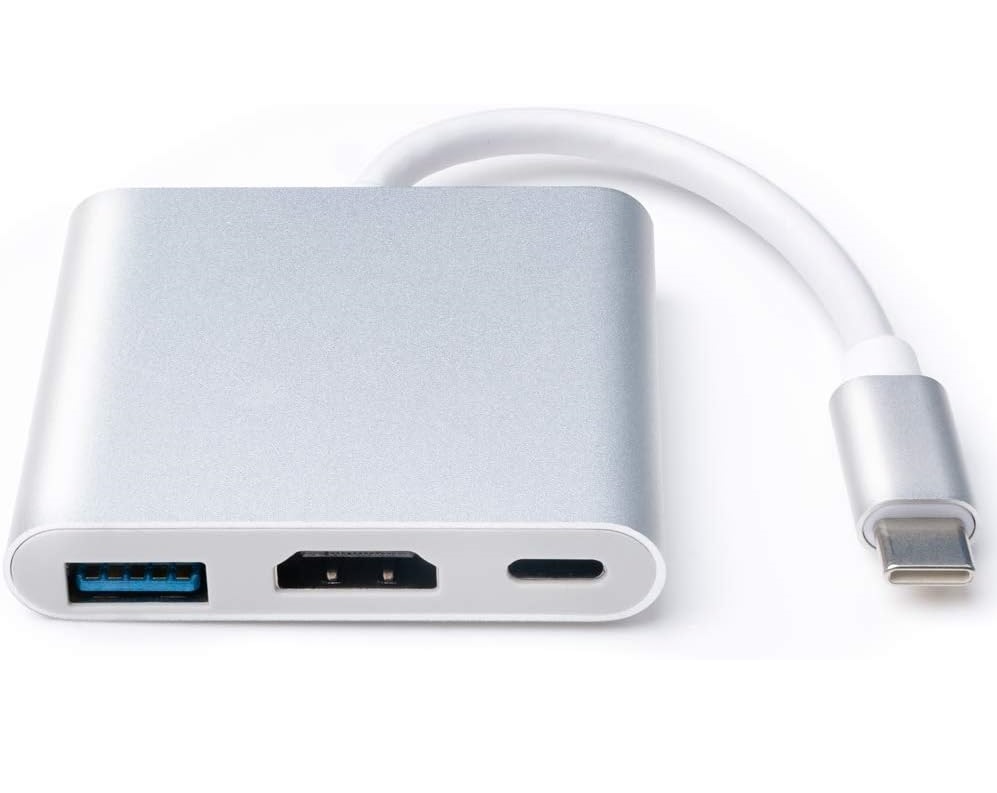 Adaptador de interface prateado com portas USB, HDMI e cabo USB-C