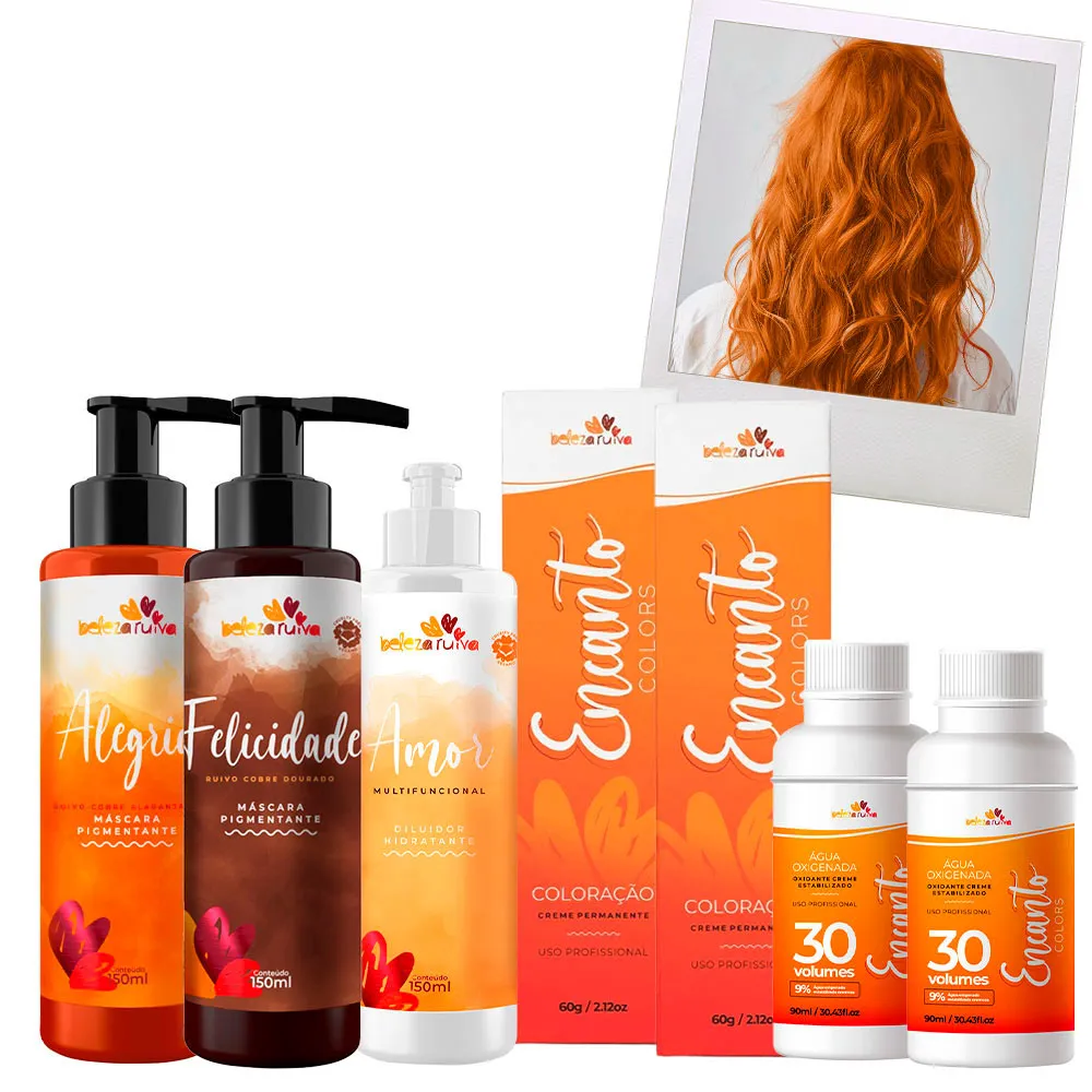Produtos de coloração de cabelo da marca beleza ruiva com embalagem nas cores laranja, branco e marrom, e foto de cabelo ruivo atrás.
