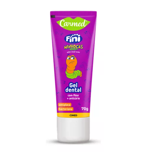 Gel dental Carmed Fini Mimocas em tubo roxo com minhoca desenhada