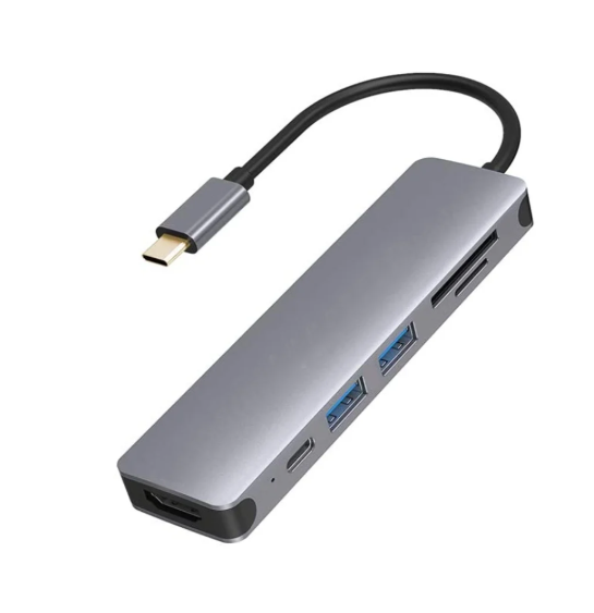 Hub USB tipo C cinza com portas USB, HDMI, leitores de cartão e cabo preto