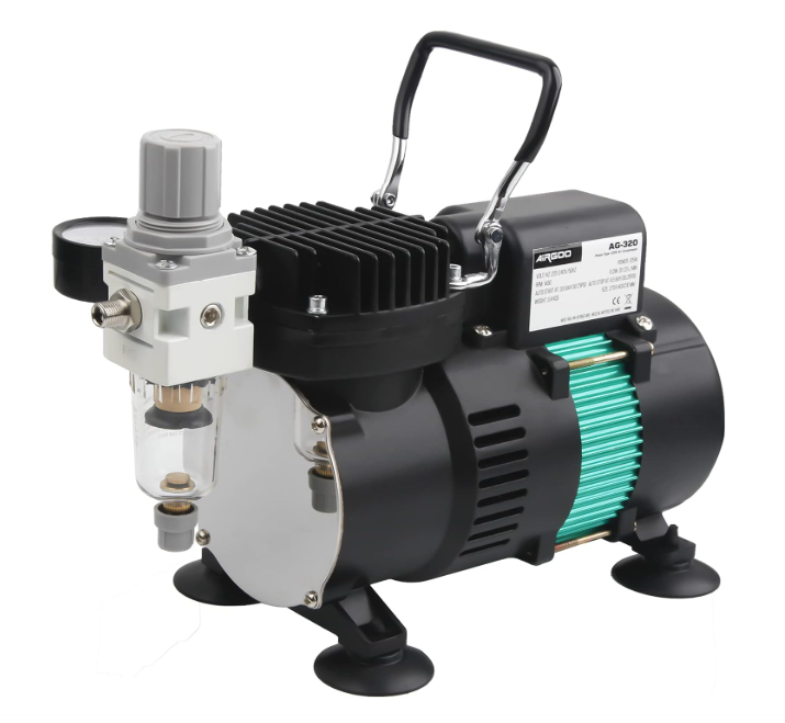 Compressor de ar compacto preto com regulador cinza e alça preta