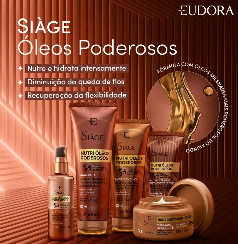 Produtos Eudora Siàge Óleos Poderosos em embalagens bronze e dourado