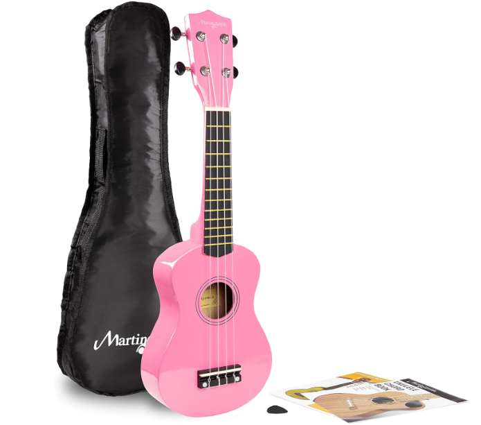 Ukulele cor-de-rosa com capa preta e acessórios