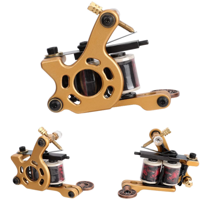 Máquina de tatuagem dourada com bobinas pretas vista de vários ângulos