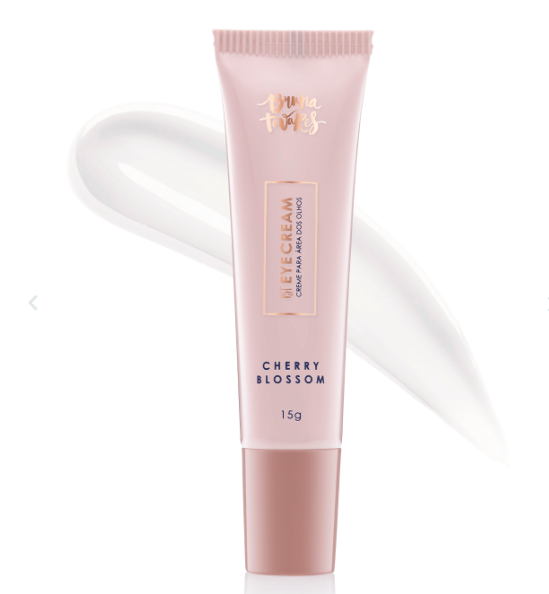 Tubo rosa claro de creme para olhos Cherry Blossom com textura branca ao fundo