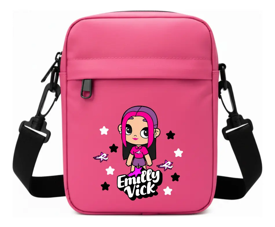 Mala de ombro rosa com personagem cartoon e texto Emilly Vick