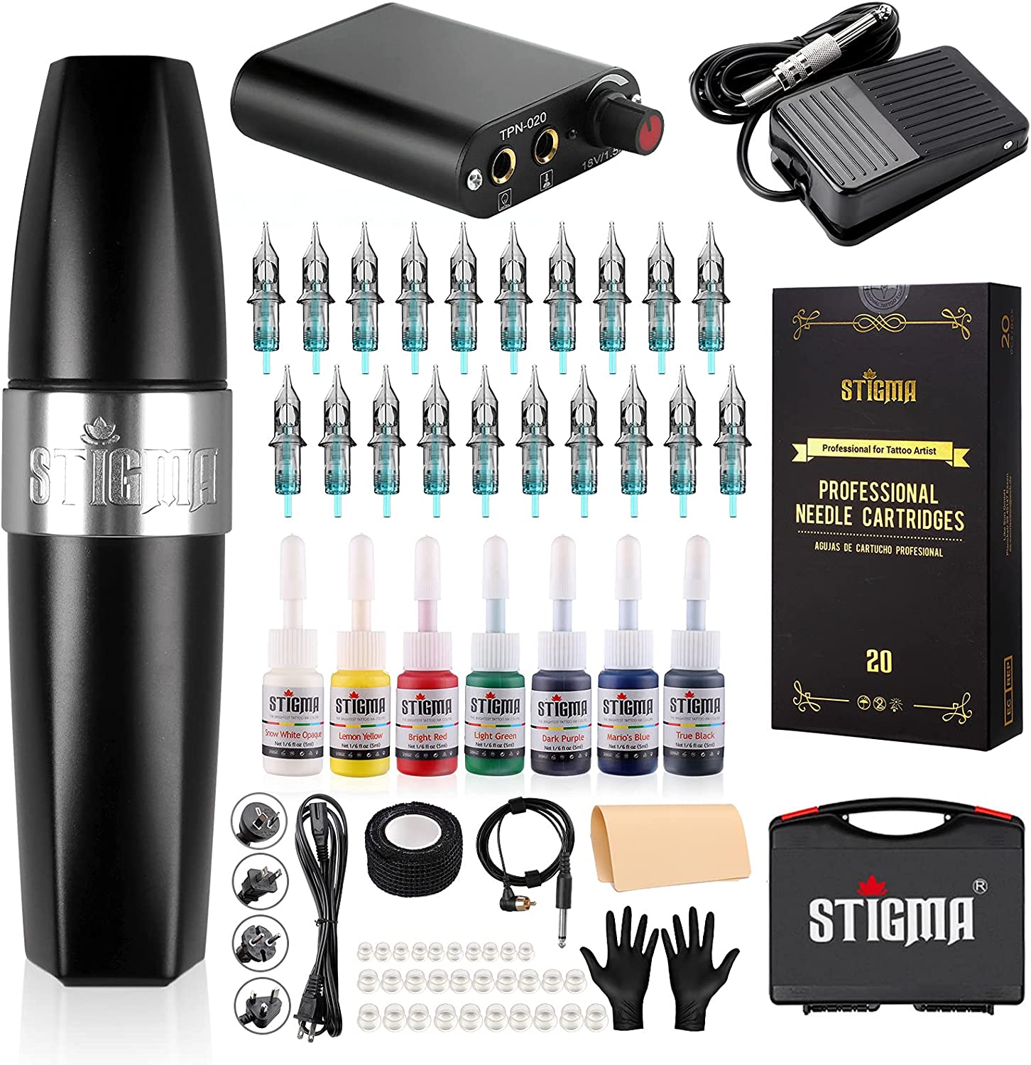 Kit profissional para tatuagem com máquina, agulhas, tintas, acessórios e estojo da marca STIGMA.