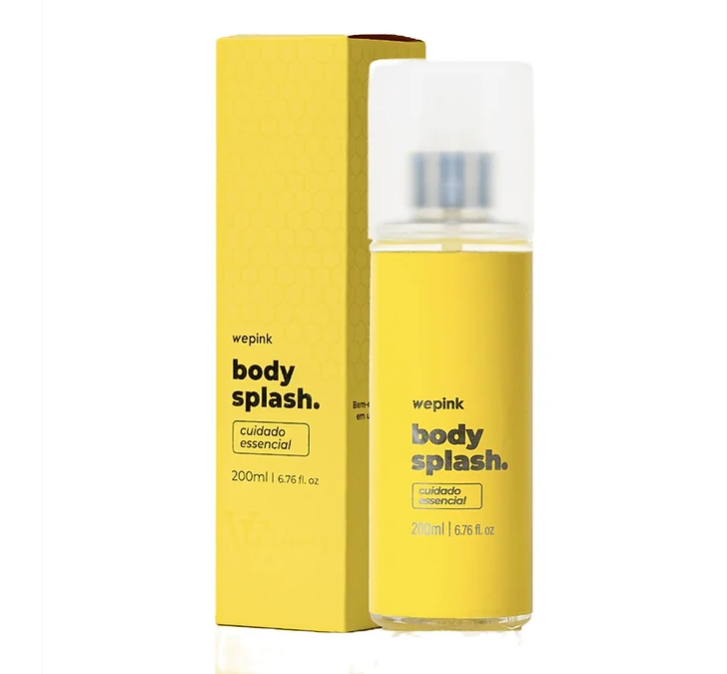 Frasco amarelo de body splash com embalagem amarela ao fundo