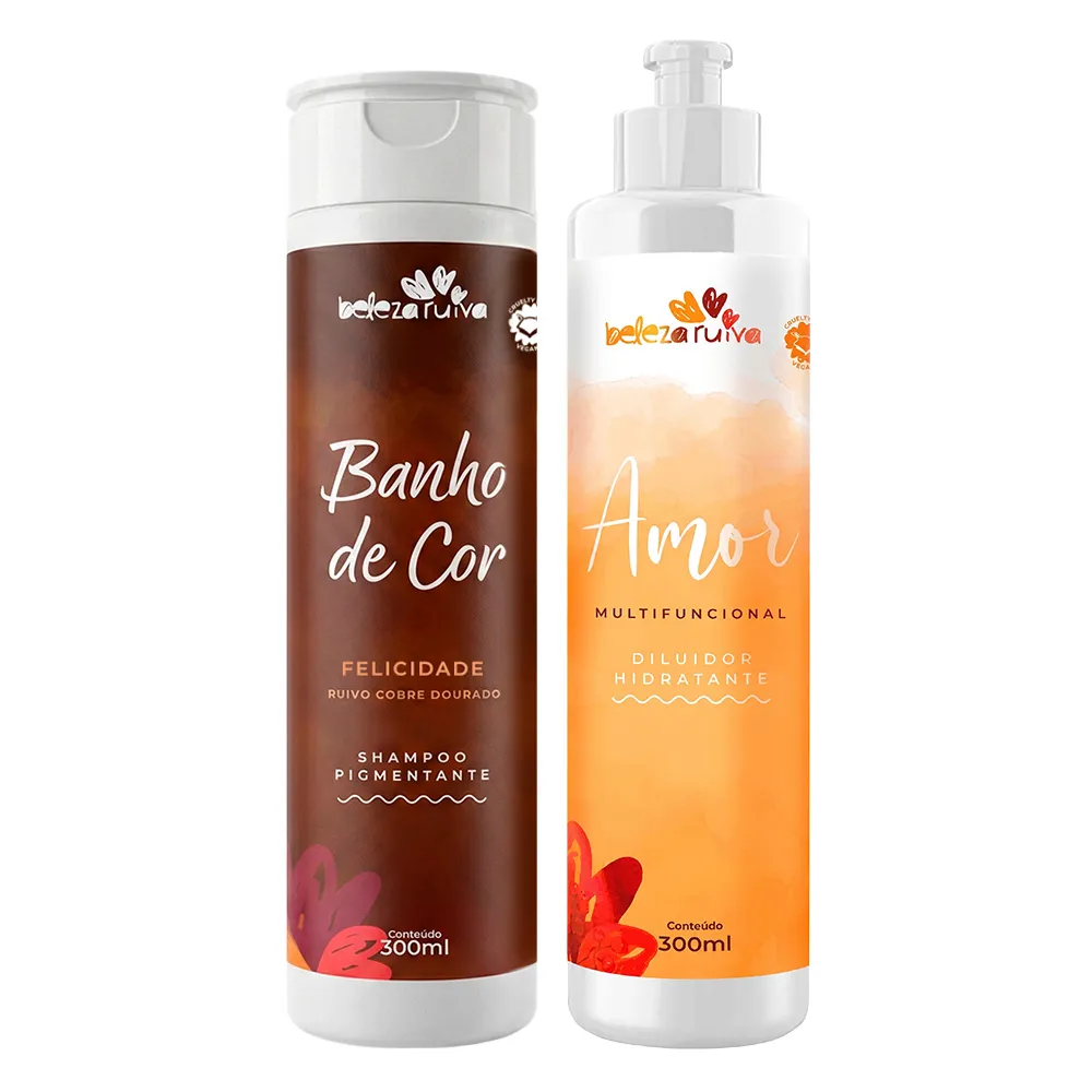 Dois frascos de champô da marca Beleza Ruiva, um castanho e um laranja com texto descritivo em português.