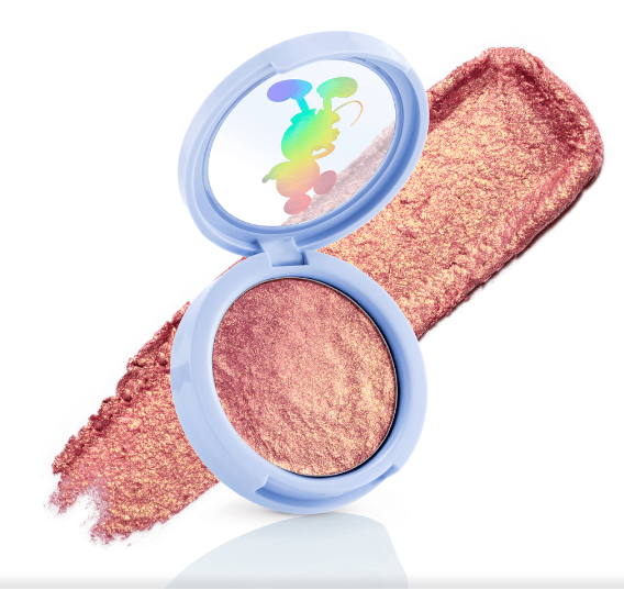 compacto de maquilhagem rosa metálico embalagem azul clara com espelho