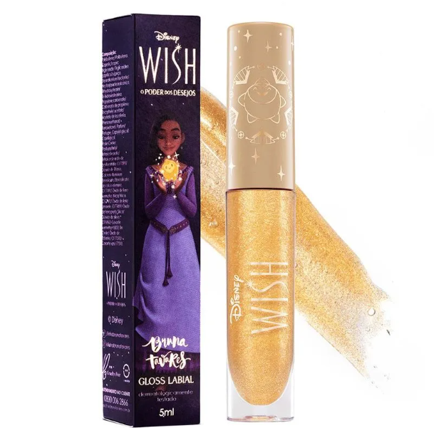 Gloss labial Disney Wish dourado com embalagem e caixa roxa e bege