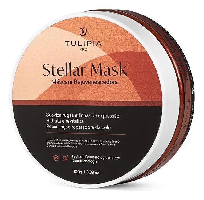 Tampa redonda de embalagem de máscara facial Stellar Mask com design em tons laranja e preto