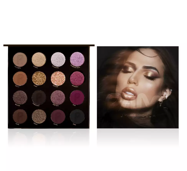 Paleta de sombras 16 cores variadas com imagem de rosto feminino maquilhado