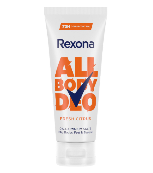 Tubo branco de desodorizante Rexona All Body Deo com texto laranja e azul