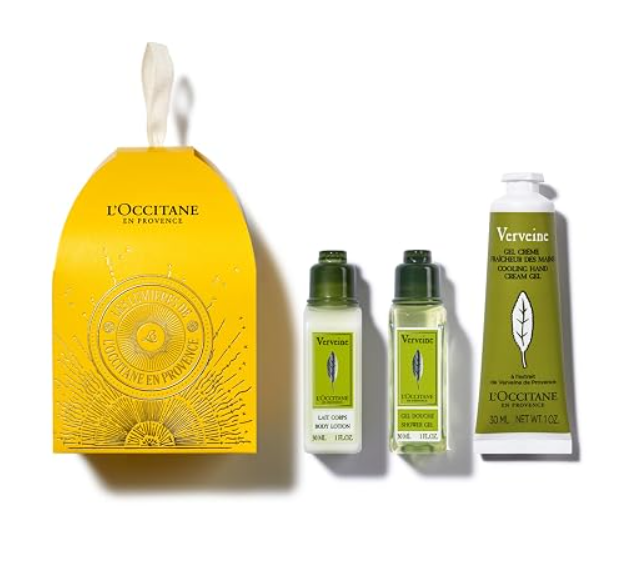 Conjunto de cuidados pessoais LOccitane com embalagem amarela e três produtos verdes com rótulos Verbena