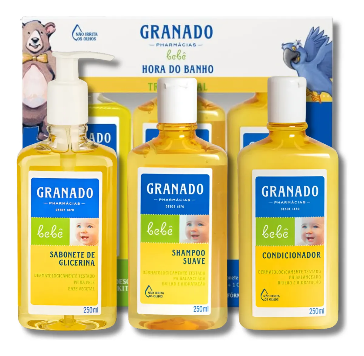 Pack de produtos para bebé Granado em frascos amarelos com etiquetas azuis e amarelas.