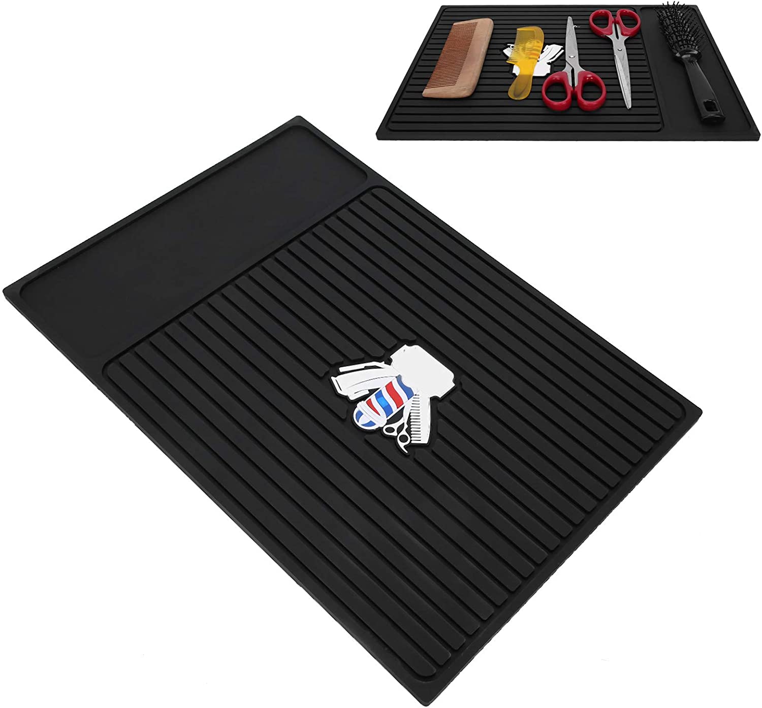 tapete preto de silicone com ranhuras e emblema de tesoura, navalhete e pente
