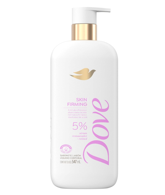 Frasco branco de sabonete líquido corporal Dove com tampa dourada e texto rosa