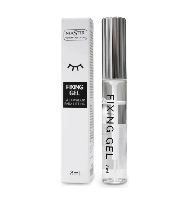 Gel fixador para lifting de pestanas MASTER em embalagem branca e frasco transparente