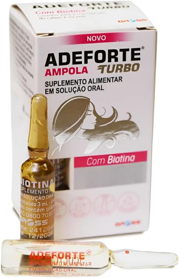 Embalagem e ampola de suplemento alimentar ADEFORTE TURBO com Biotina