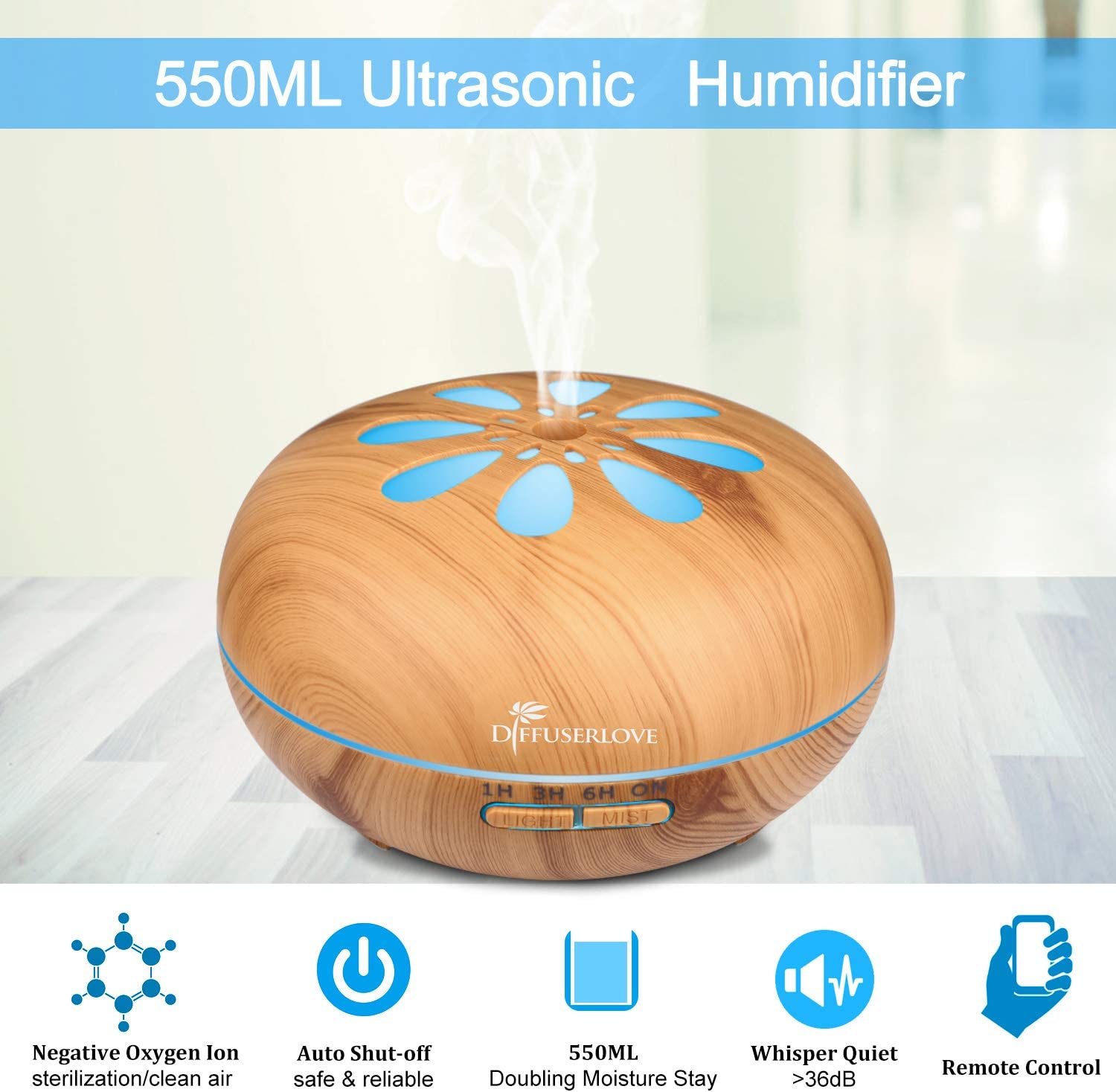 Humidificador ultrassónico de 550ML em design madeira clara com padrões azuis