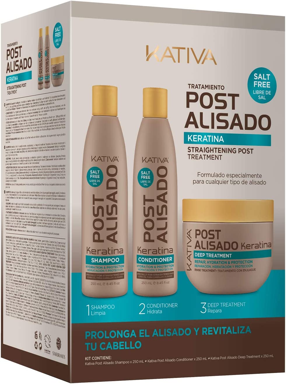 Kit Kativa Post Alisado queratina com shampoo, condicionador e tratamento profundo em embalagem branca e azul
