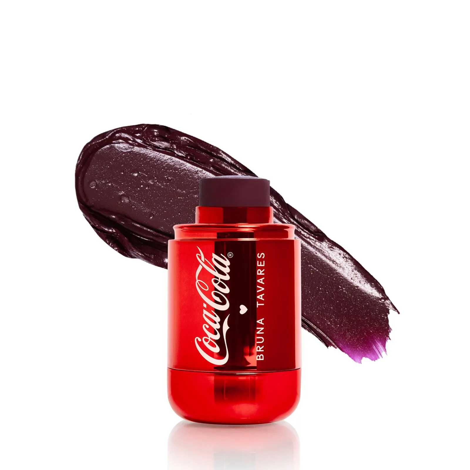 Batom Coca-Cola Bruna Tavares roxo em stick com embalagem vermelha