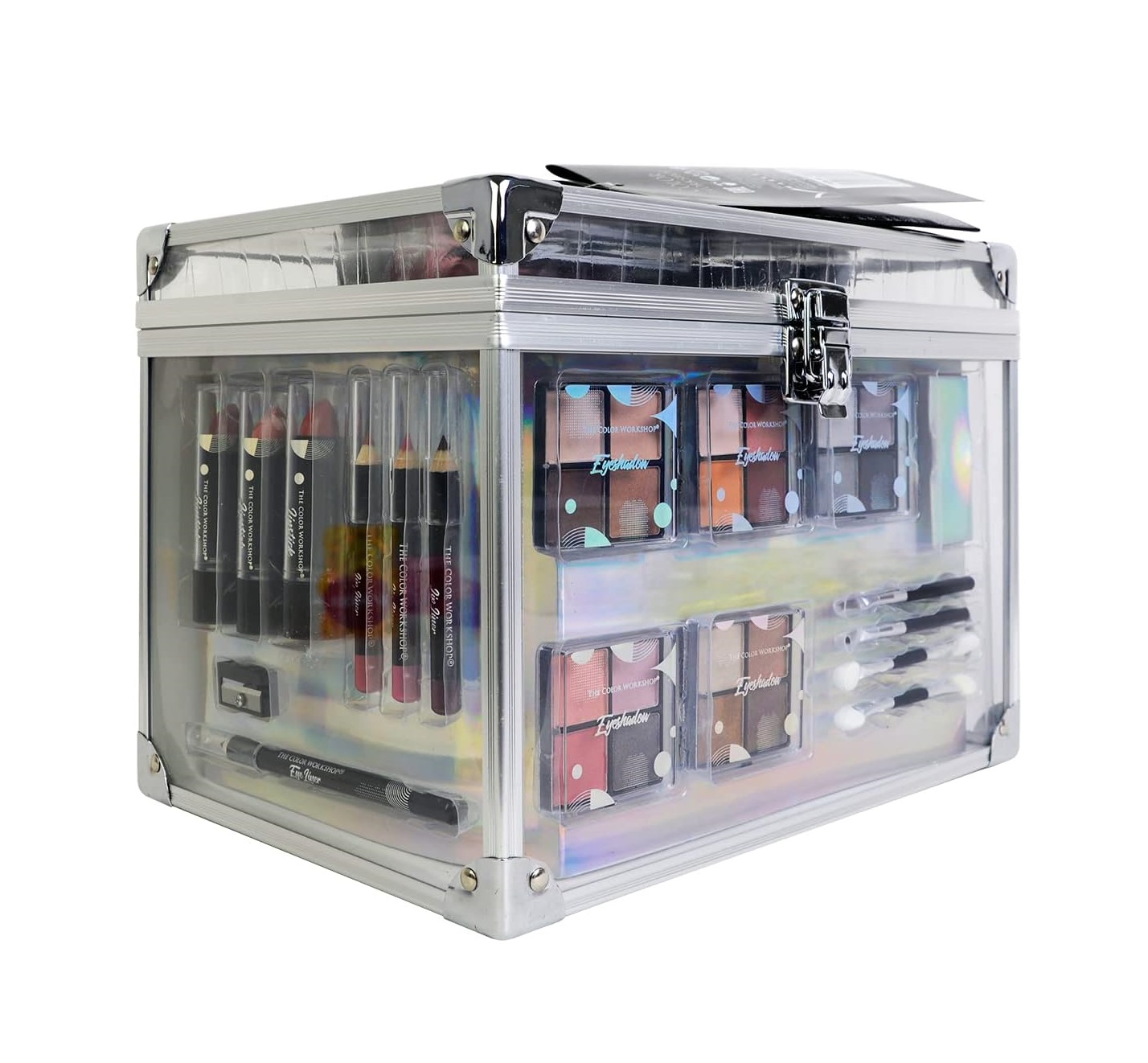 Caixa de maquilhagem transparente com acabamento metalizado contendo vários produtos de maquilhagem