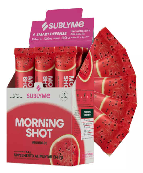 Caixa e sachês do suplemento Morning Shot sabor melancia da Sublyme com design vermelho e imagens de melancia
