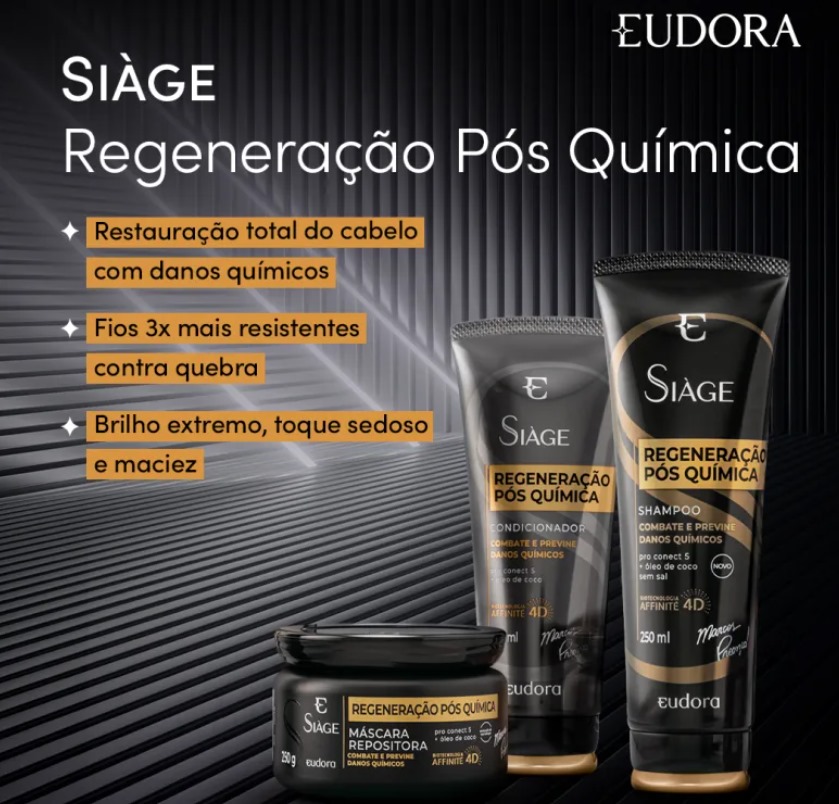 Produtos Siàge Regeneração Pós Química da Eudora em embalagens pretas e douradas
