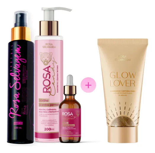 Quatro produtos cosméticos Rosa Selvagem com embalagens em preto, rosa, branco, âmbar e dourado.