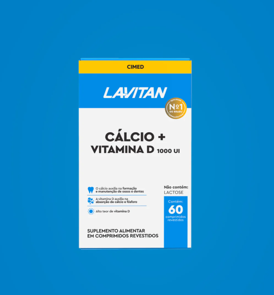 Embalagem azul, branca e amarela de suplemento Lavitan Cálcio + Vitamina D