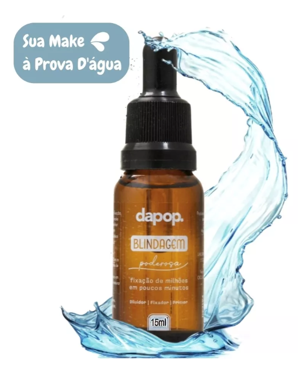 Frasco de produto cosmético dapop BLINDAGEM com efeito de água e texto promocional em fundo azul