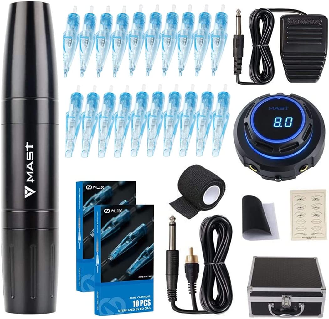 Conjunto de máquina de tatuagem preta MAST com agulhas, pedal, fonte, fita, cabos e bolsa