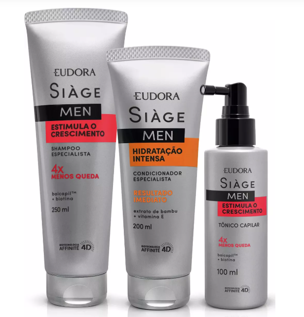 Três produtos Eudora Siàge Men para cuidados capilares com embalagens prata, preto, vermelho e laranja