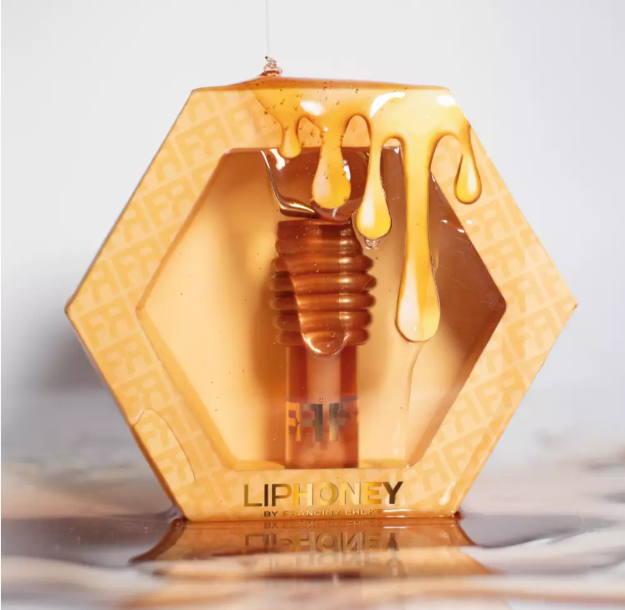 Frasco hexagonal com favo de mel e gotas de mel