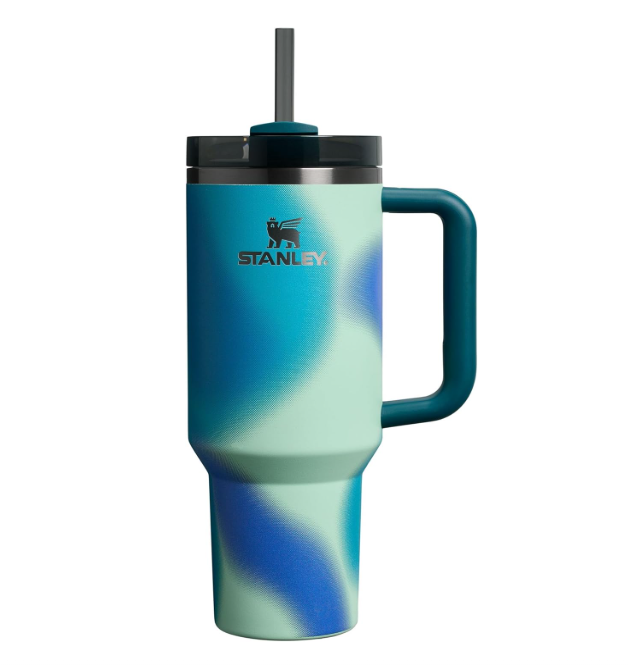 Copo térmico Stanley azul e verde com tampa preta e canudo