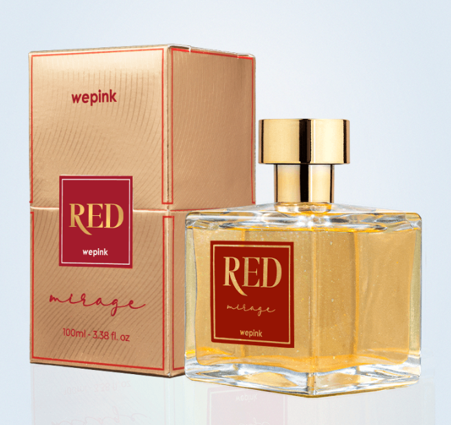 Perfume RED wepink mirage em frasco e caixa dourados com rótulos vermelhos