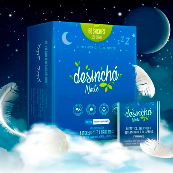 Caixa azul de chá desinchá Noite com 60 sachês e sachê individual em fundo de nuvens e penas