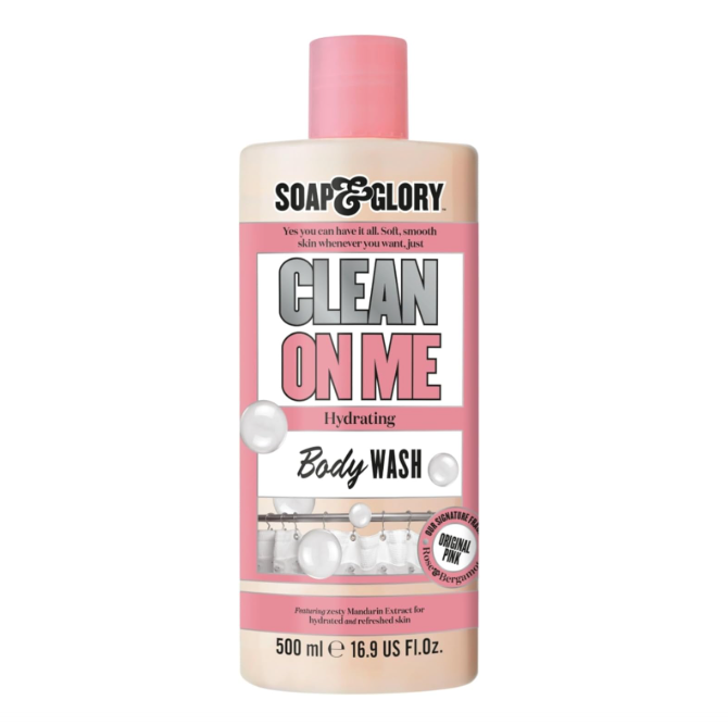 Gel de banho hidratante CLEAN ON ME da SOAP & GLORY em embalagem rosa e branca com texto